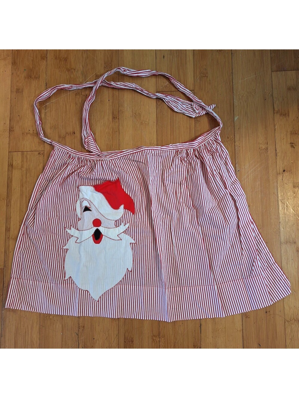 Vintage Striped Christmas Santa Half Apron Santa's Head Is a Pocket 17"W X 17"L